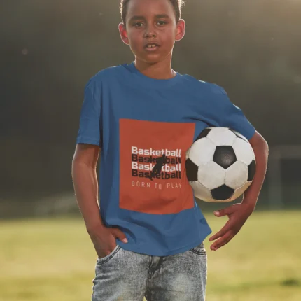 Boy wearing Born to Play Basketball t-shirt featuring bold basketball-themed design.