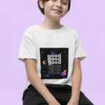 Boys wearing a "Good Vibes Might Version" t-shirt with bold lettering and casual design.