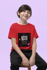 Boys wearing a "Good Vibes Might Version" t-shirt with bold lettering and casual design.