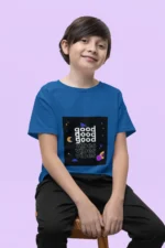 Boys wearing a "Good Vibes Might Version" t-shirt with bold lettering and casual design.