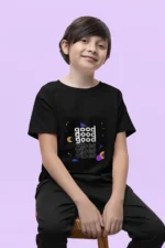 Boys wearing a "Good Vibes Might Version" t-shirt with bold lettering and casual design.