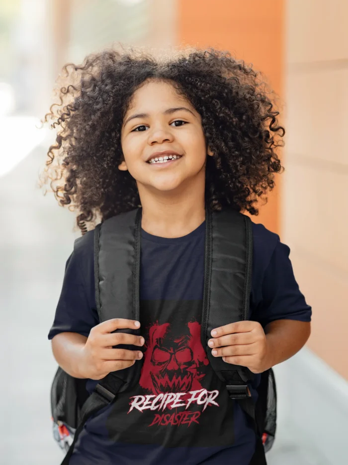 Boys wearing Recipe for Disaster t-shirt with bold graphic design.