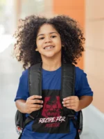 Boys wearing Recipe for Disaster t-shirt with bold graphic design.