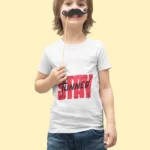 Boys wearing a trendy "Stay Tuned" t-shirt with bold lettering.