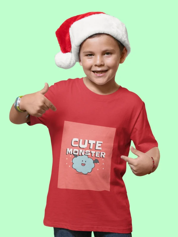 Boys' t-shirt featuring a cute, colorful monster illustration, perfect for active kids.