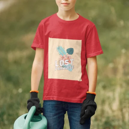 Boys' "Lost in Paradise" t-shirt featuring a tropical design in vibrant colors.