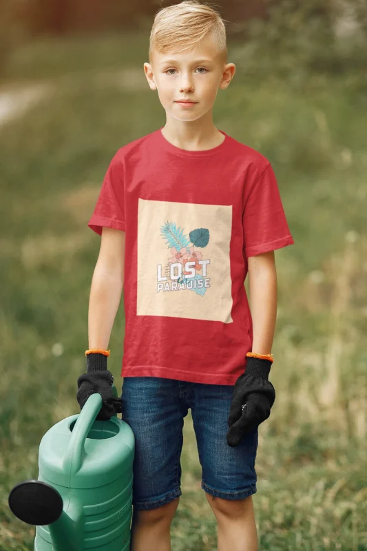 Boys' "Lost in Paradise" t-shirt featuring a tropical design in vibrant colors.