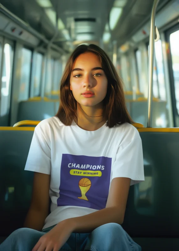 Girls' Champions Stay Winning Basketball T-shirt with basketball graphic and bold text.